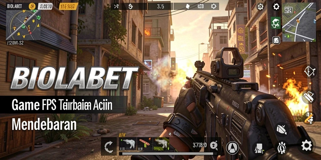 Screenshot gameplay BIOLABET menampilkan pertempuran FPS yang intens.