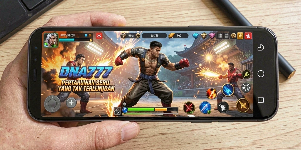 Screenshot gameplay DNA777 menampilkan aksi pertarungan epik dan karakter yang memukau.