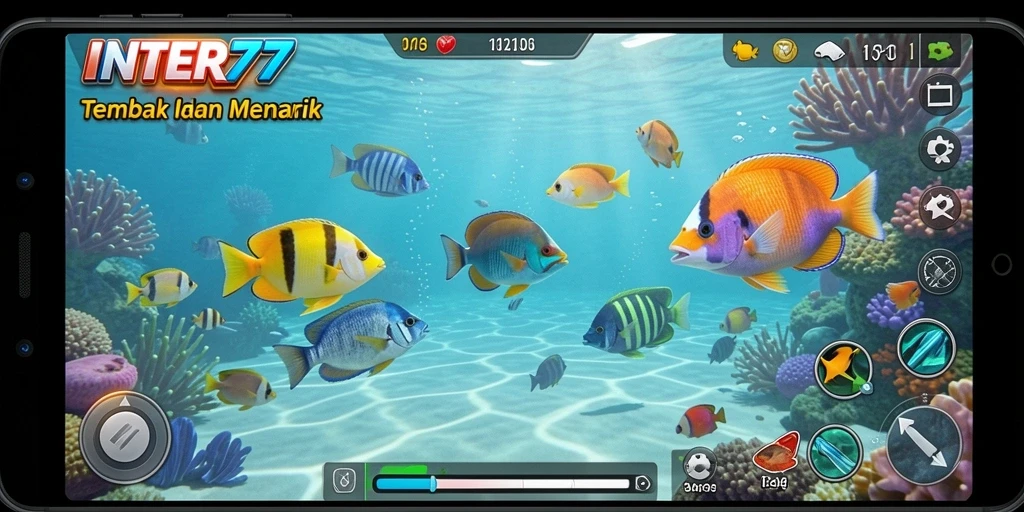Tampilan gameplay seru dalam INTER77 saat menembak ikan.
