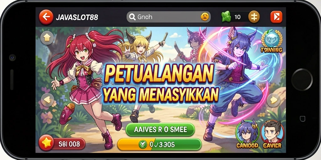 Screenshot menampilkan gameplay seru dari JAVASLOT88 dengan karakter anime yang unik.