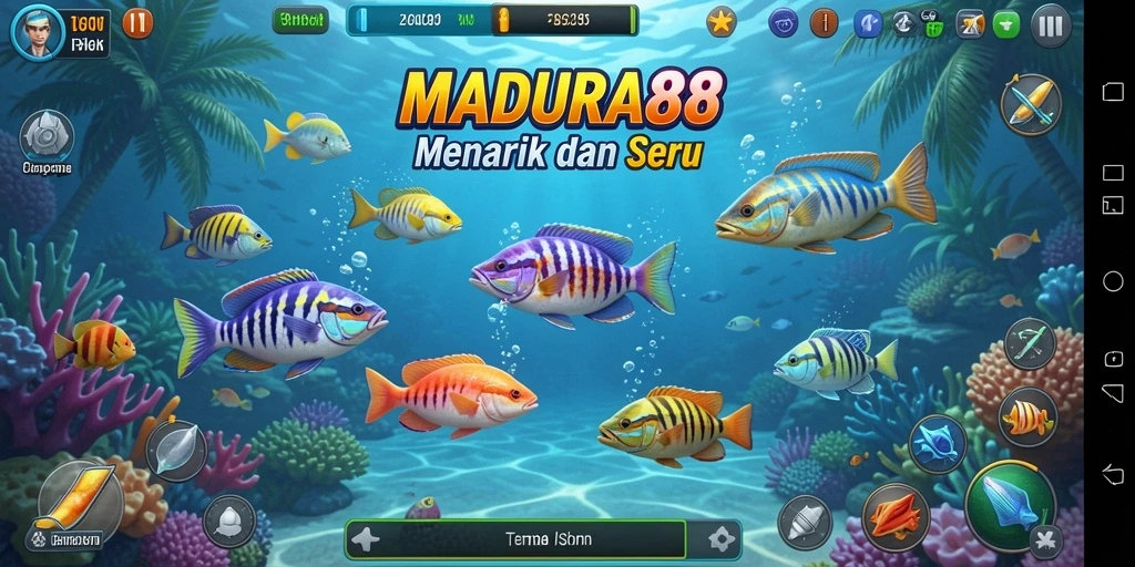 Tampilan gameplay MADURA88 dengan berbagai ikan yang menunggu untuk ditangkap.