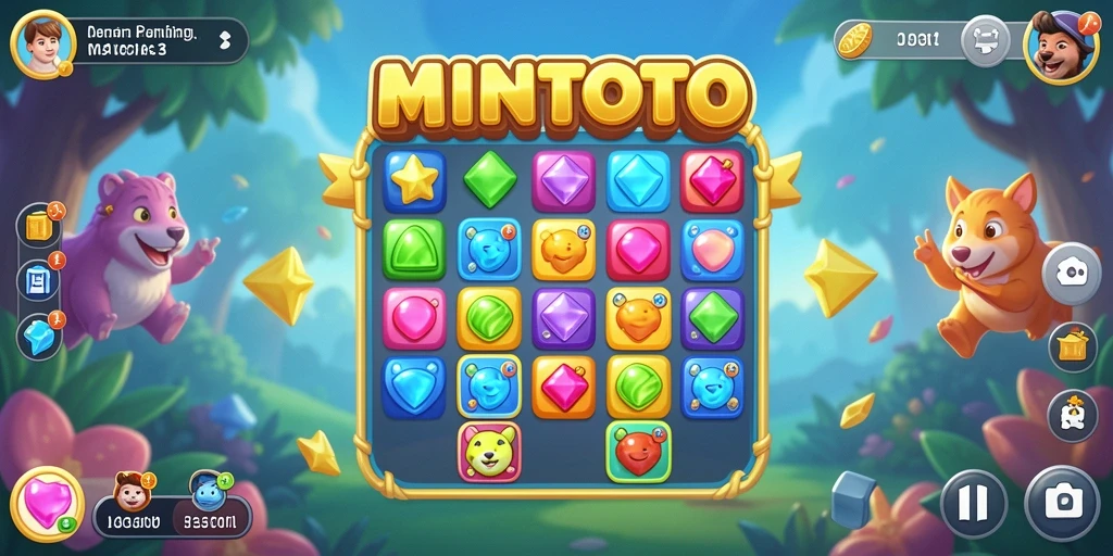 Screenshot menampilkan gameplay MINTOTO yang penuh warna dan aktif.
