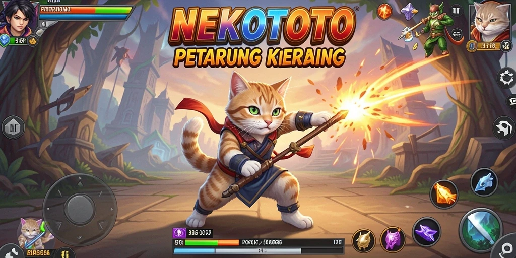 Tampilan gameplay NEKOTOTO dengan petarung kucing yang epik dan dinamis.