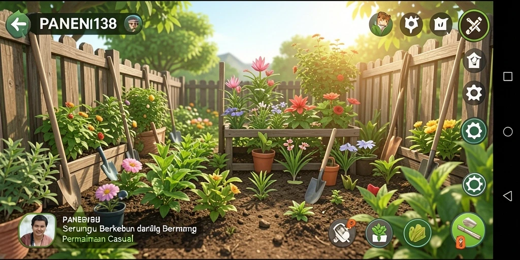 Screenshot gameplay PANEN138 menampilkan kebun yang indah dan aktivitas menanam.