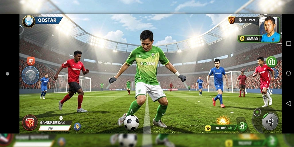 Screenshot menunjukkan gameplay QQSTAR yang seru dan kompetitif di arena olahraga.