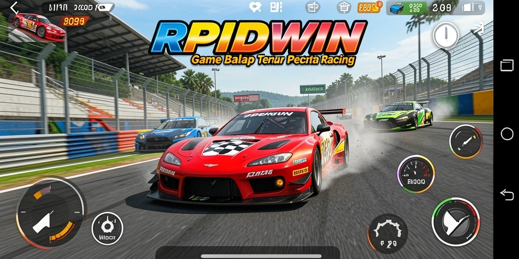 Tampilan gameplay menegangkan dalam RPIDWIN saat mobil berlomba di trek balapan.