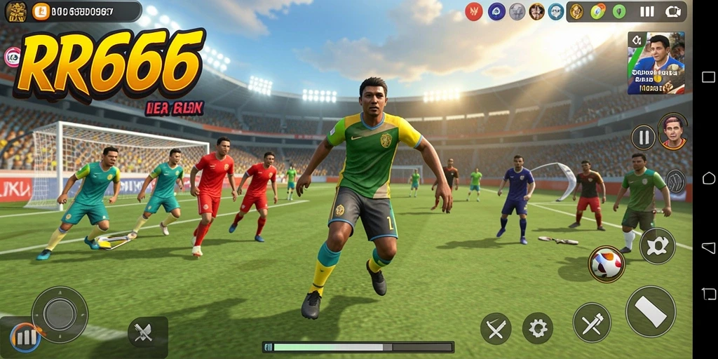 Tangkapan layar menunjukkan aksi seru dalam game RR666 di lapangan olahraga.