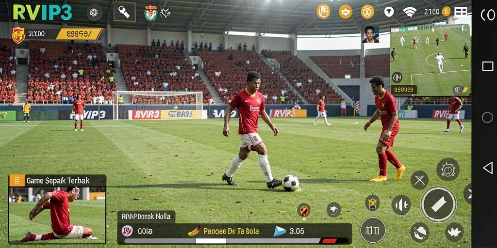 Screenshot utama RVIP3 menampilkan aksi seru dalam pertandingan sepak bola.