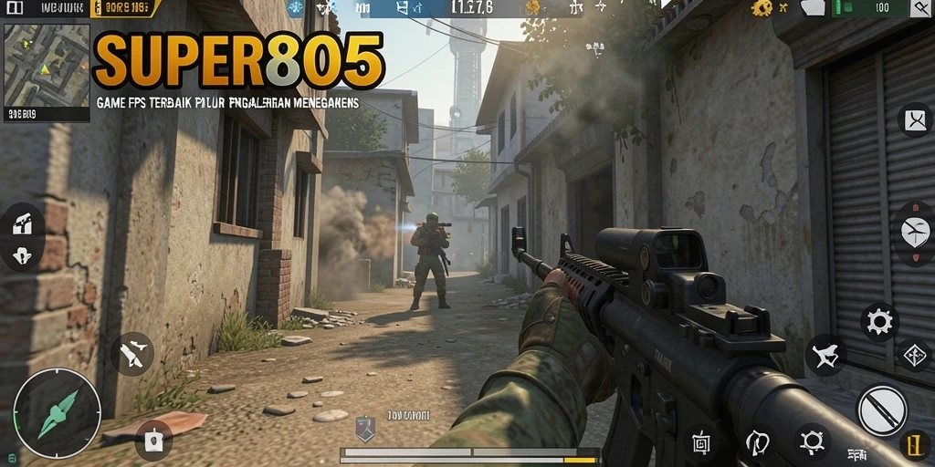 Screenshot gameplay SUPER805 dengan aksi tembak-menembak yang intens.